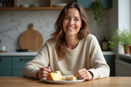 Femme dégustant du fromage dans une cuisine moderne