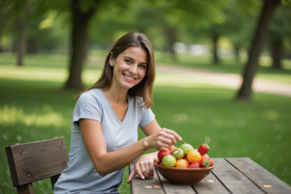 Jeune femme souriante avec fruits frais dans un parc