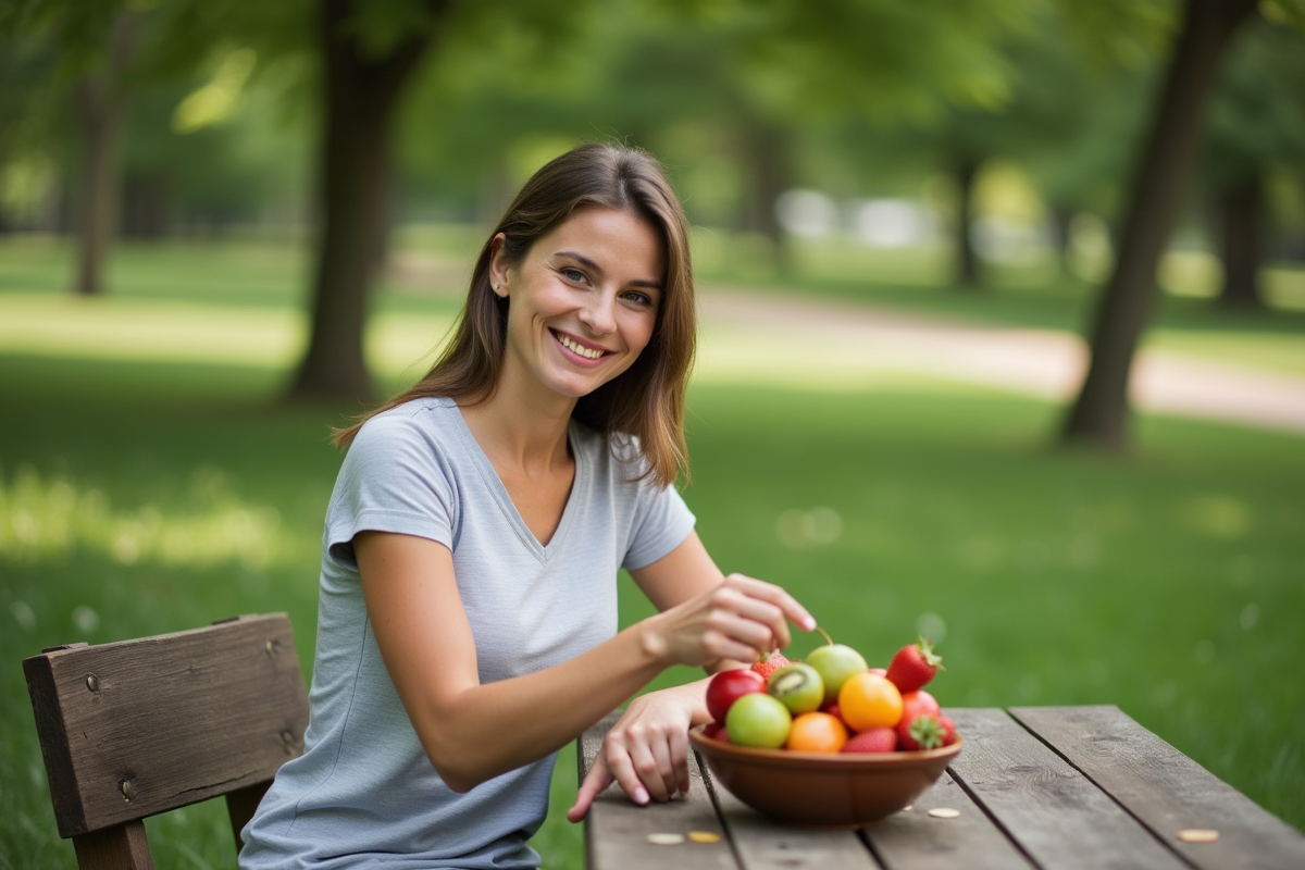 Jeune femme souriante avec fruits frais dans un parc