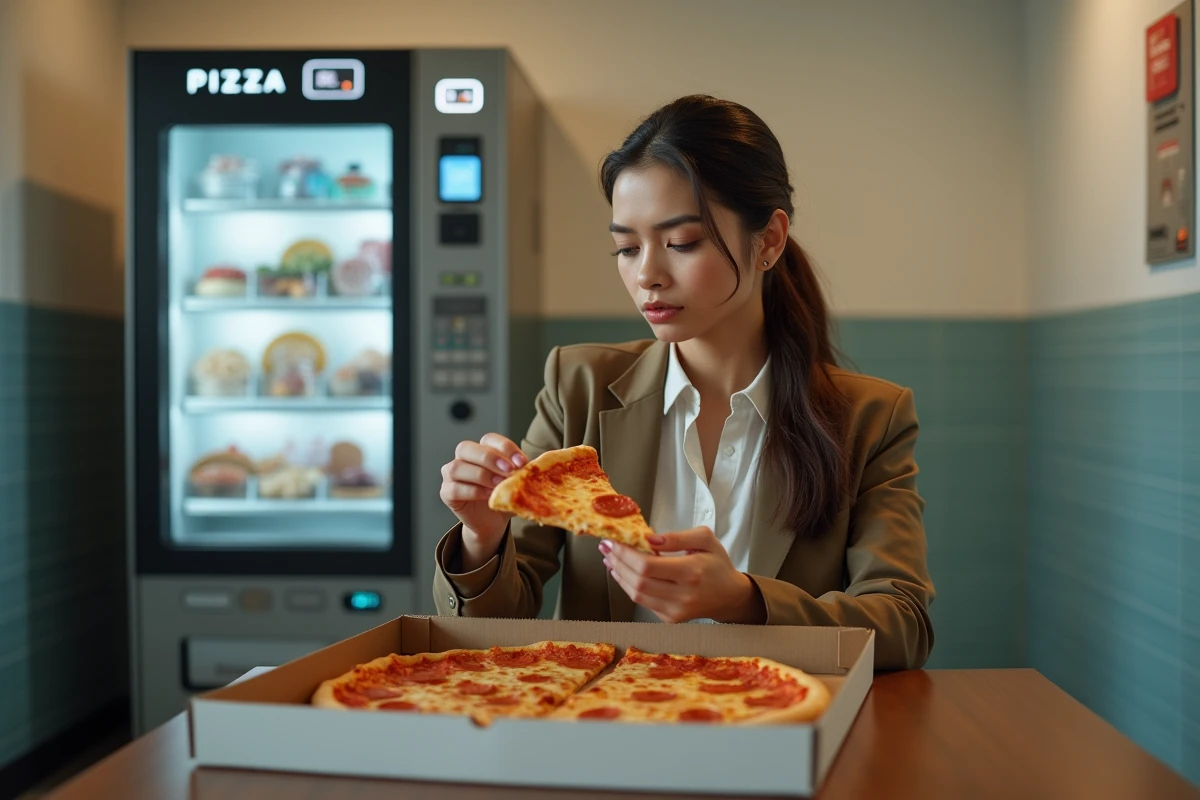 Femme examine une part de pizza dans un environnement intérieur