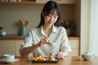 Jeune femme japonaise verse du soju dans une tasse en céramique