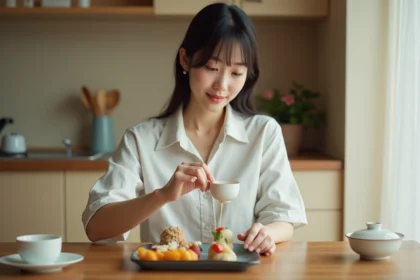 Jeune femme japonaise verse du soju dans une tasse en céramique