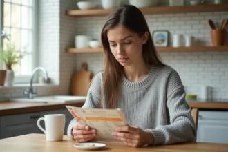 Jeune femme lisant l'étiquette nutritionnelle d'un gâteau industriel peu calorique dans une cuisine moderne