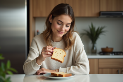 Femme dégustant du pain keto dans une cuisine moderne