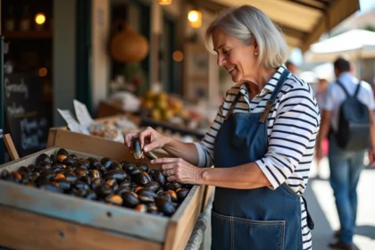 Femme française examinant des moules frais au marché