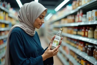Femme musulmane lisant l'étiquette d'une bouteille de vinaigre d'alcool dans un supermarché, illustrant la question du statut halal du vinaigre