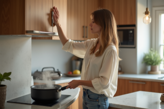 Femme essuyant condensation sous un meuble de cuisine moderne
