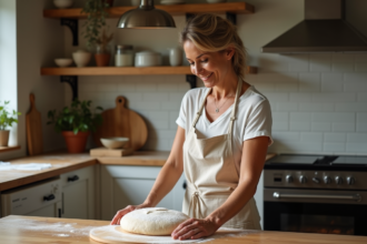 Femme en tablier façonnant un pain sourdough dans la cuisine