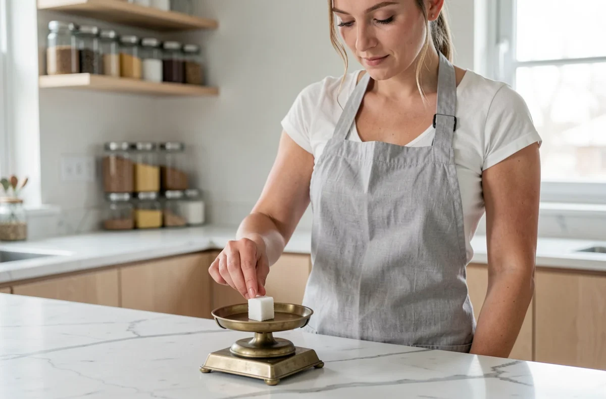 Femme pesant un morceau de sucre sur une balance de cuisine en laiton sur un plan de travail en marbre blanc, geste précis pour mesurer la consommation de sucre