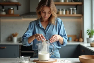 Femme pesant de la farine dans une cuisine moderne