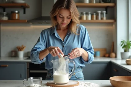 Femme pesant de la farine dans une cuisine moderne