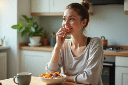 Femme dégustant un bol de flocons d'avoine au petit déjeuner