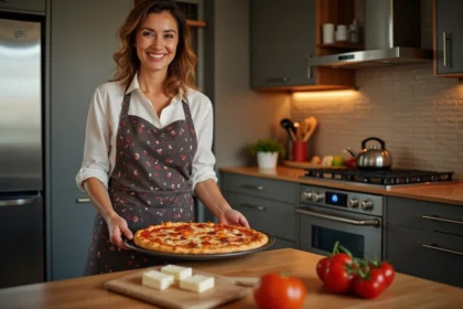 Femme sortant une pizza maison du four dans une cuisine moderne