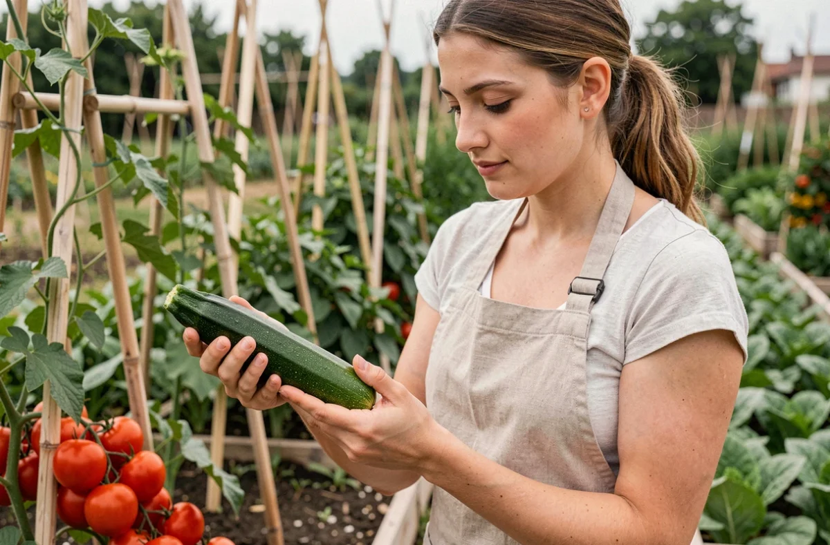 Femme tenant une courgette fraîchement cueillie dans un potager bio, illustrant les légumes en Z et leur culture saisonnière