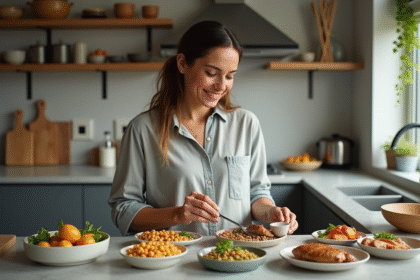 Jeune femme préparant un repas végétal équilibré dans la cuisine