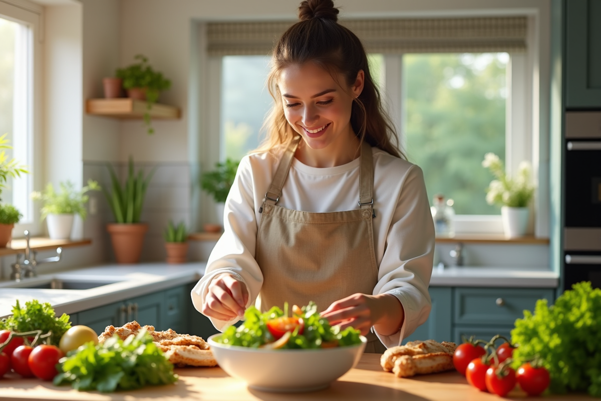 Jeune femme préparant une salade fraîche dans la cuisine