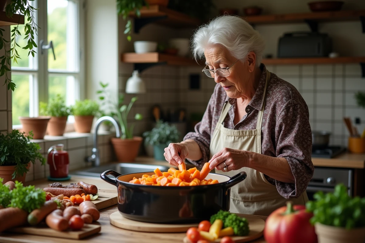 Femme âgée préparant des légumes dans la cuisine maison