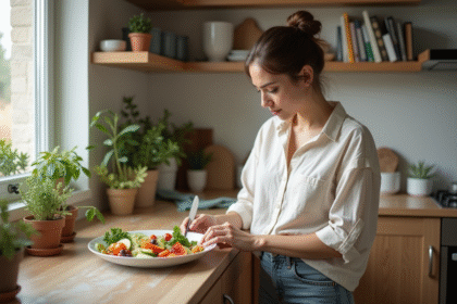 Jeune femme préparant une salade colorée dans une cuisine chaleureuse