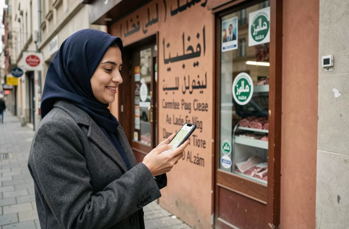 Femme consultant son téléphone pour trouver une boucherie halal ouverte à proximité