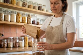 Femme remplissant un bocal en verre avec des lentilles dans une cuisine zéro déchet organisée avec des étagères en bois