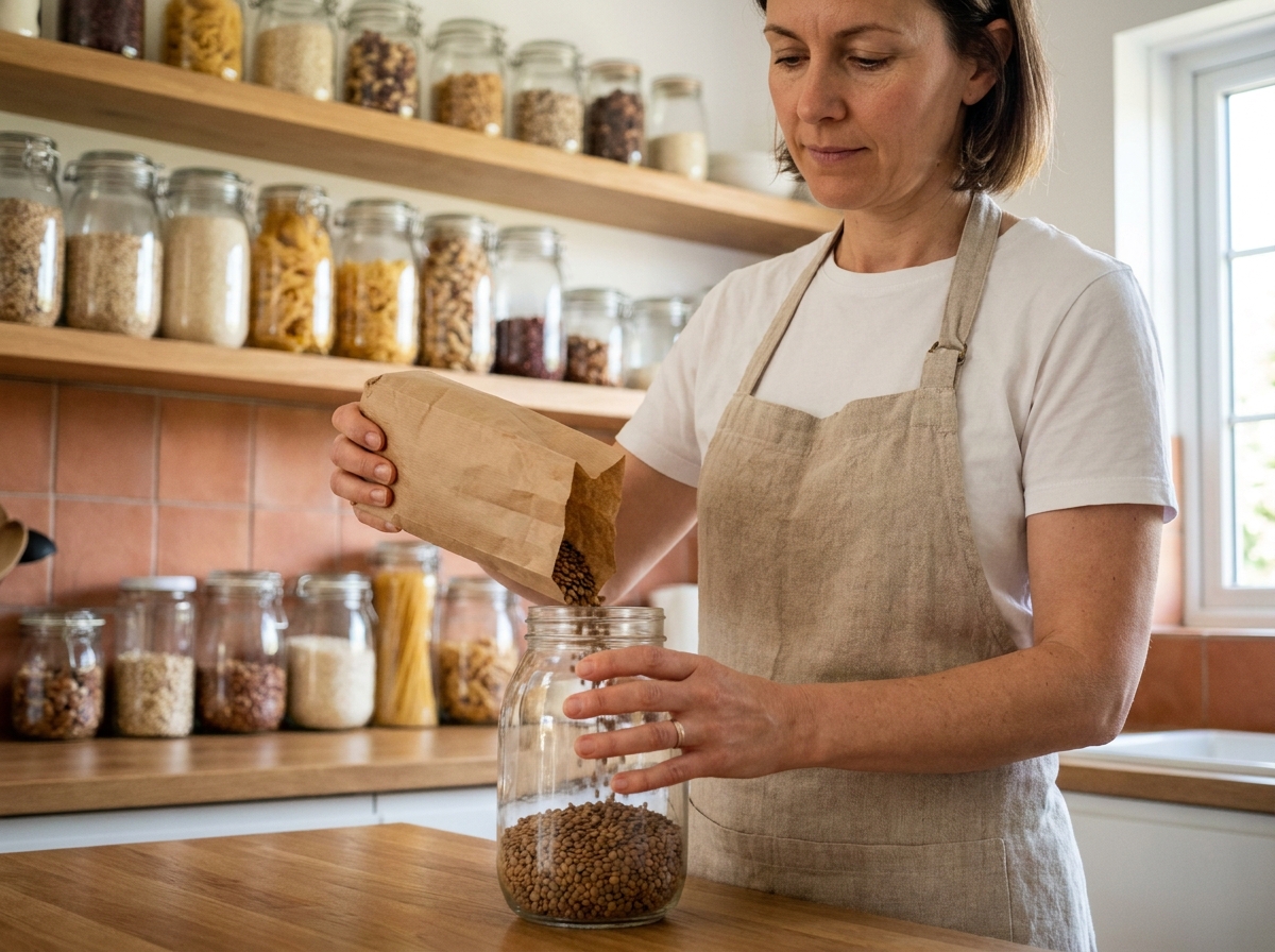 Femme remplissant un bocal en verre avec des lentilles dans une cuisine zéro déchet organisée avec des étagères en bois