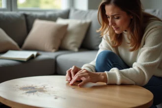 Femme examinant une table en bois endommagée dans son salon