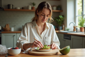 Femme préparant un repas sain dans la cuisine moderne