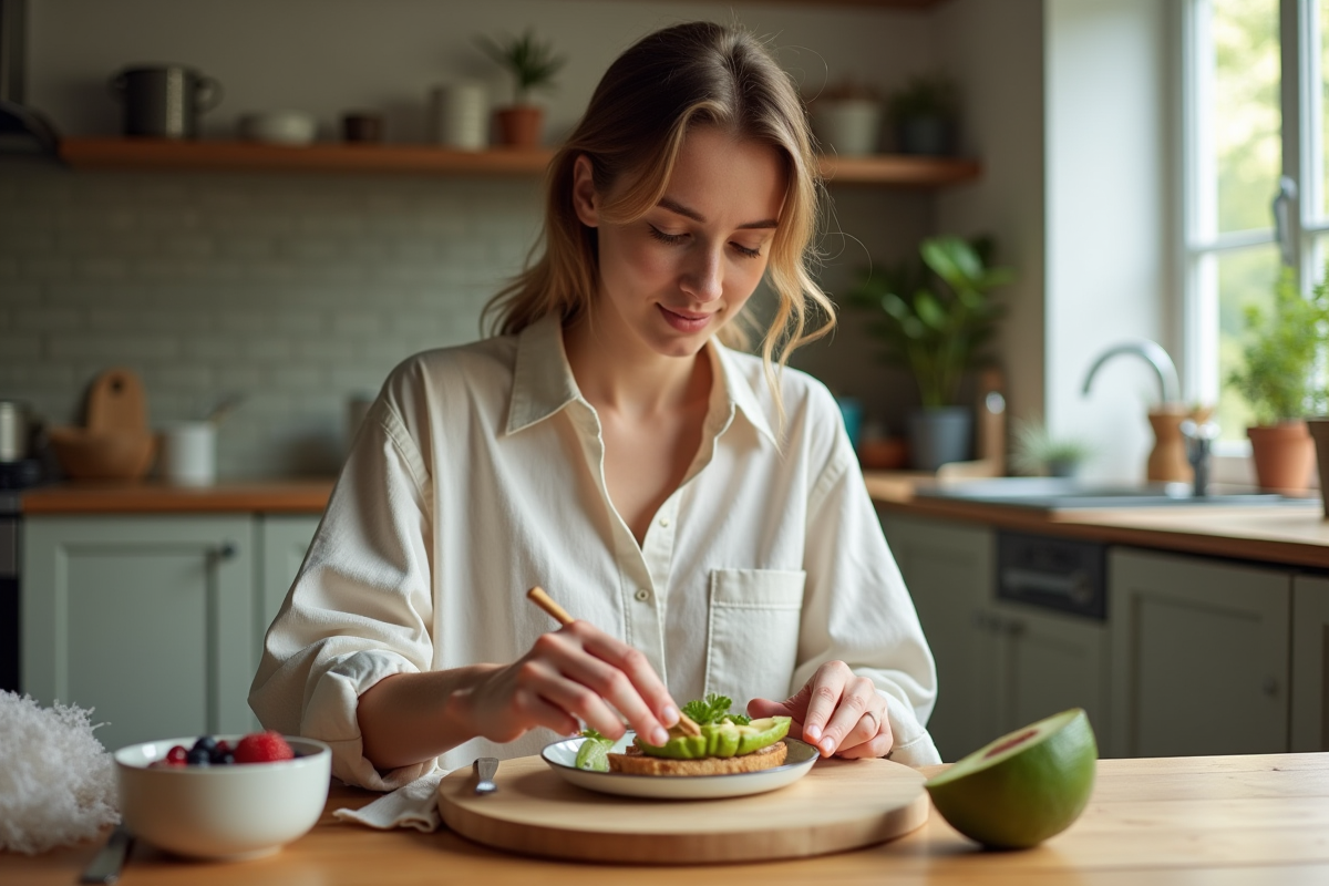 Femme préparant un repas sain dans la cuisine moderne