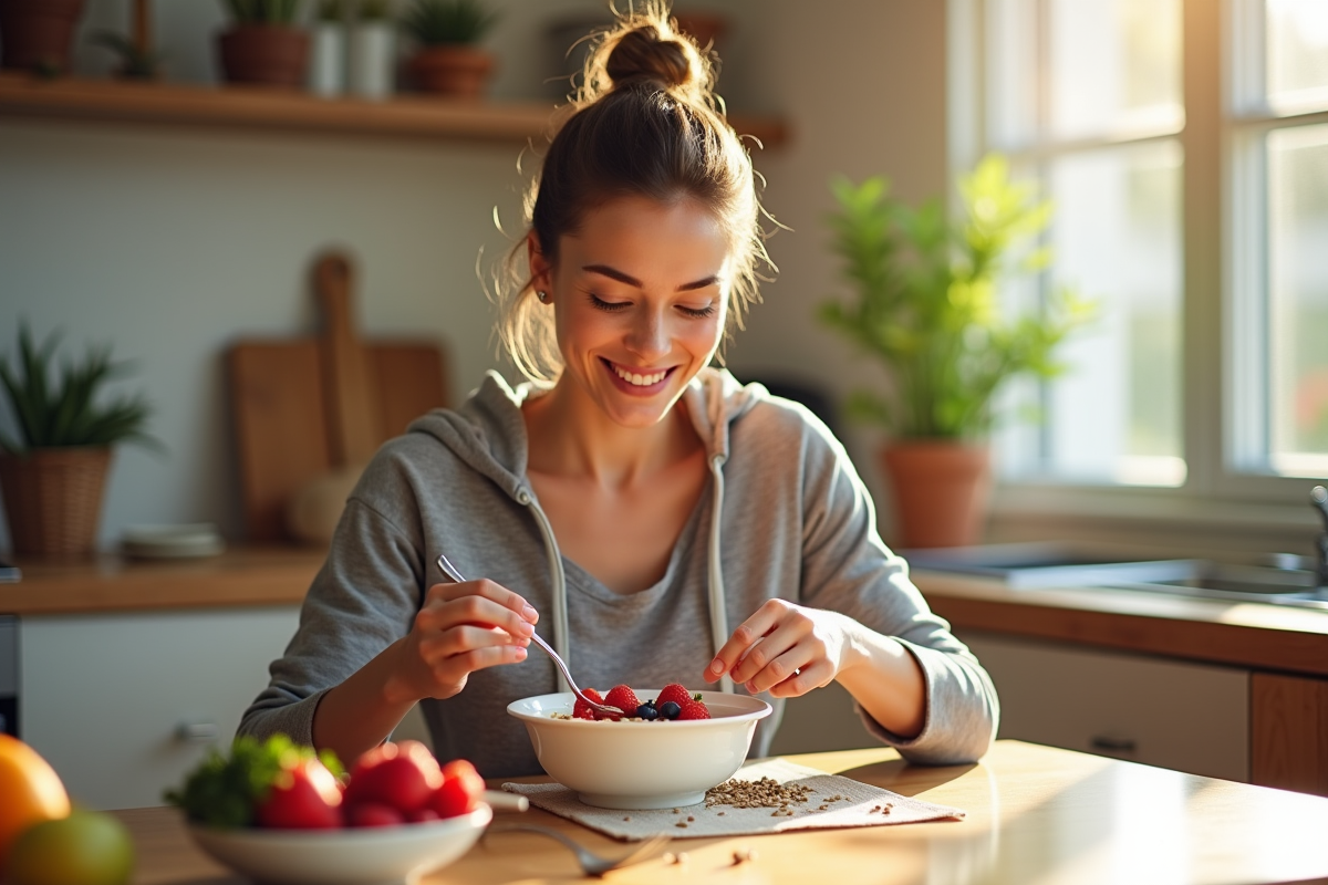 Femme en sport préparant un bol de yaourt aux fruits