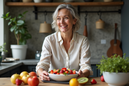 Femme souriante préparant une salade de fruits colorée