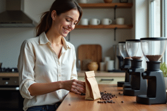 Jeune femme choisissant des grains de café dans la cuisine