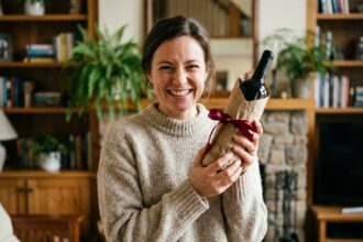 Femme souriante tenant un cadeau vin dans un salon chaleureux