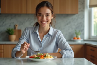 Femme souriante préparant un repas équilibré dans la cuisine