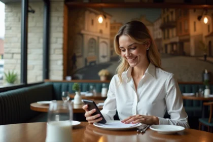 Femme souriante utilisant son smartphone dans un restaurant français