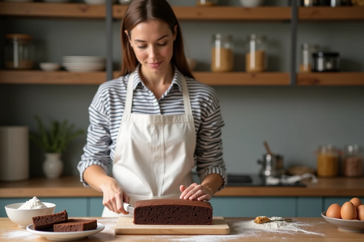 Femme en tablier découpant un gâteau maison au chocolat avec un gâteau industriel peu calorique posé à côté pour comparaison