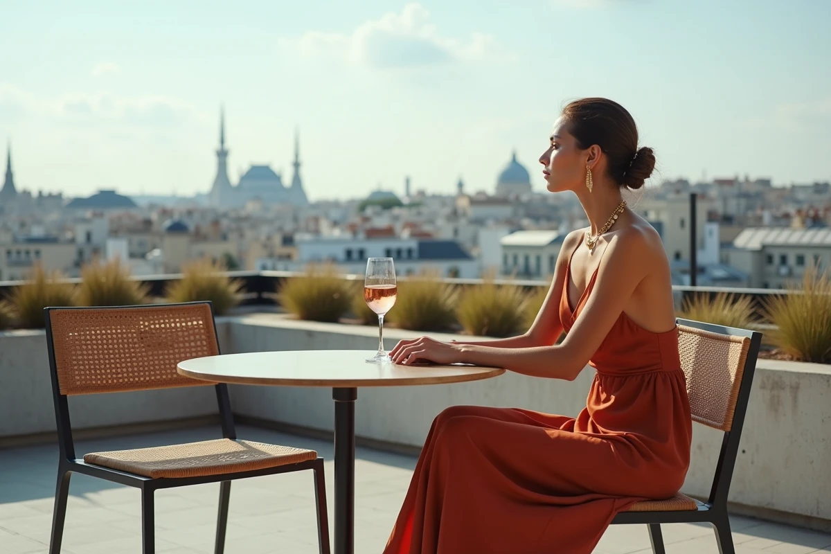 Femme élégante en robe en soie rouille savourant un verre de rosé en terrasse sur un rooftop parisien avec panorama sur les toits haussmanniens