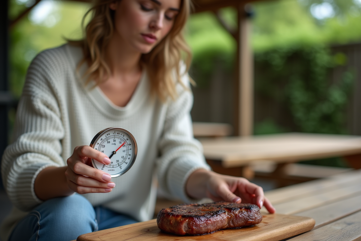 Jeune femme vérifiant un thermomètre de viande en extérieur