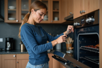 Femme insérant un thermomètre dans un four moderne en cuisine
