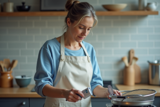 Femme en tablier bleu vérifiant la température d'huile