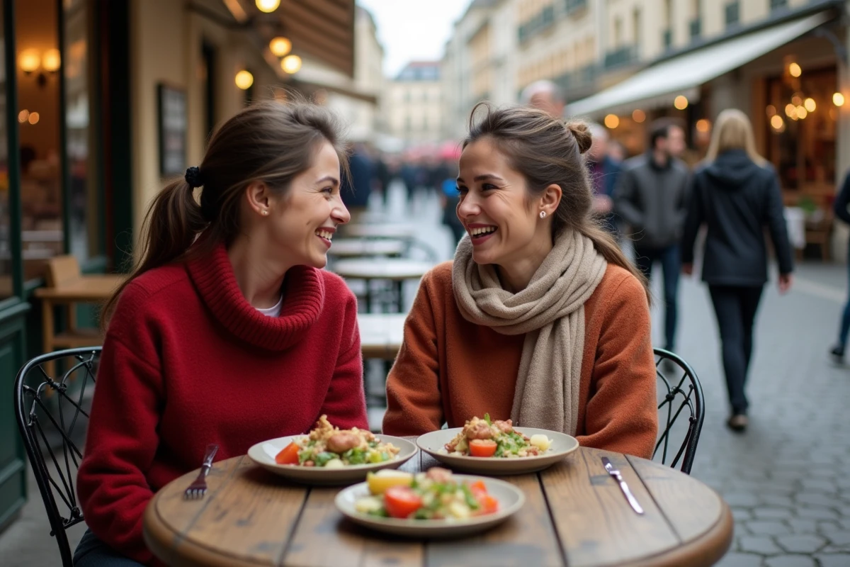 Deux femmes partageant une salade lyonnaise en terrasse