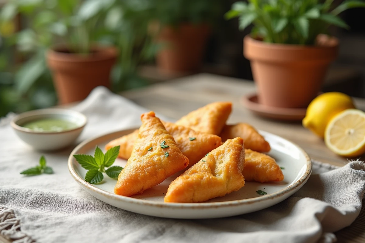 Assiette de feuilles de brick vegan dorées et croustillantes façon recette sans lait ni œuf, servies avec une sauce aux herbes et menthe fraîche