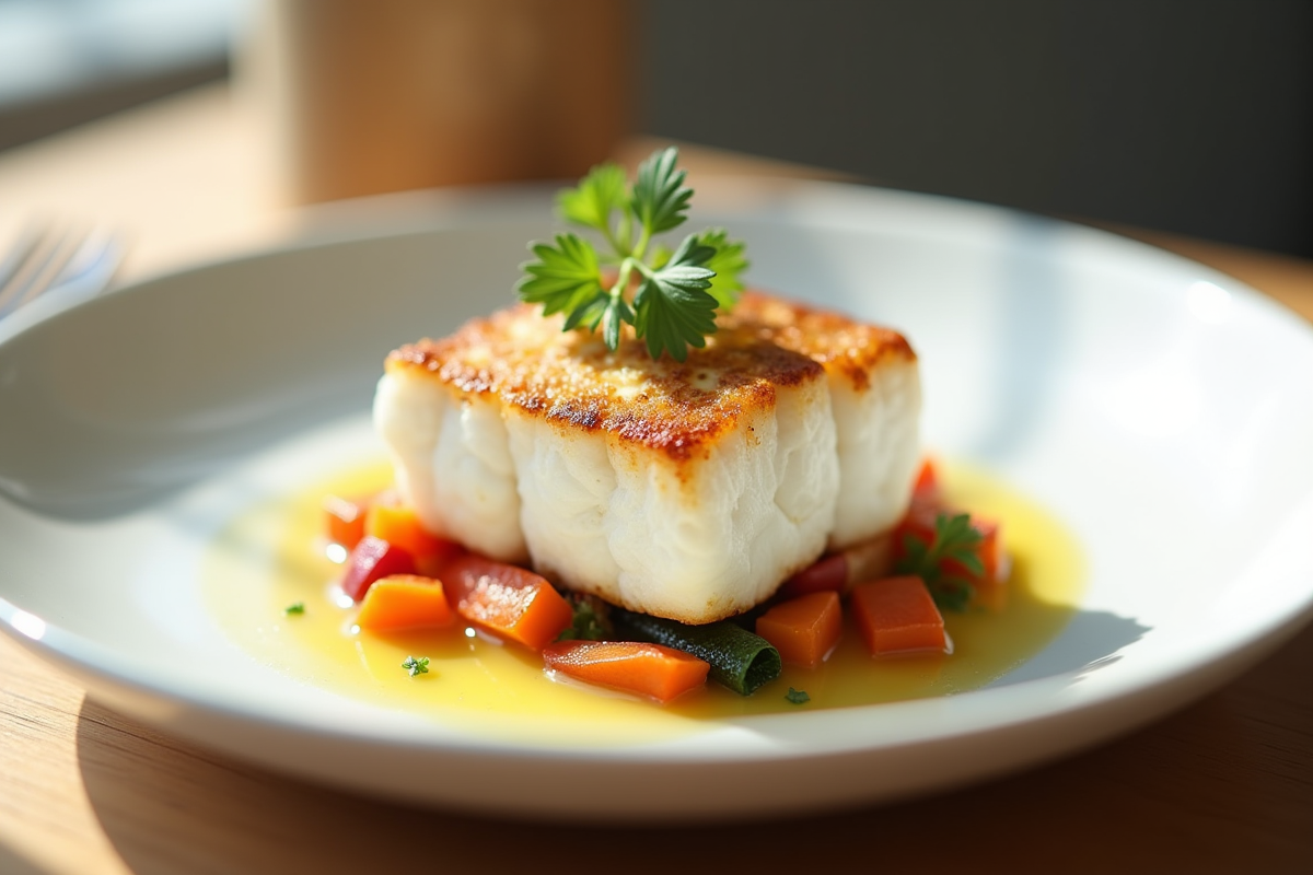 Filet de cabillaud poché avec légumes colorés dans une assiette lumineuse