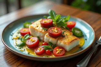 Assiette de filet de cod avec chorizo croustillant et herbes