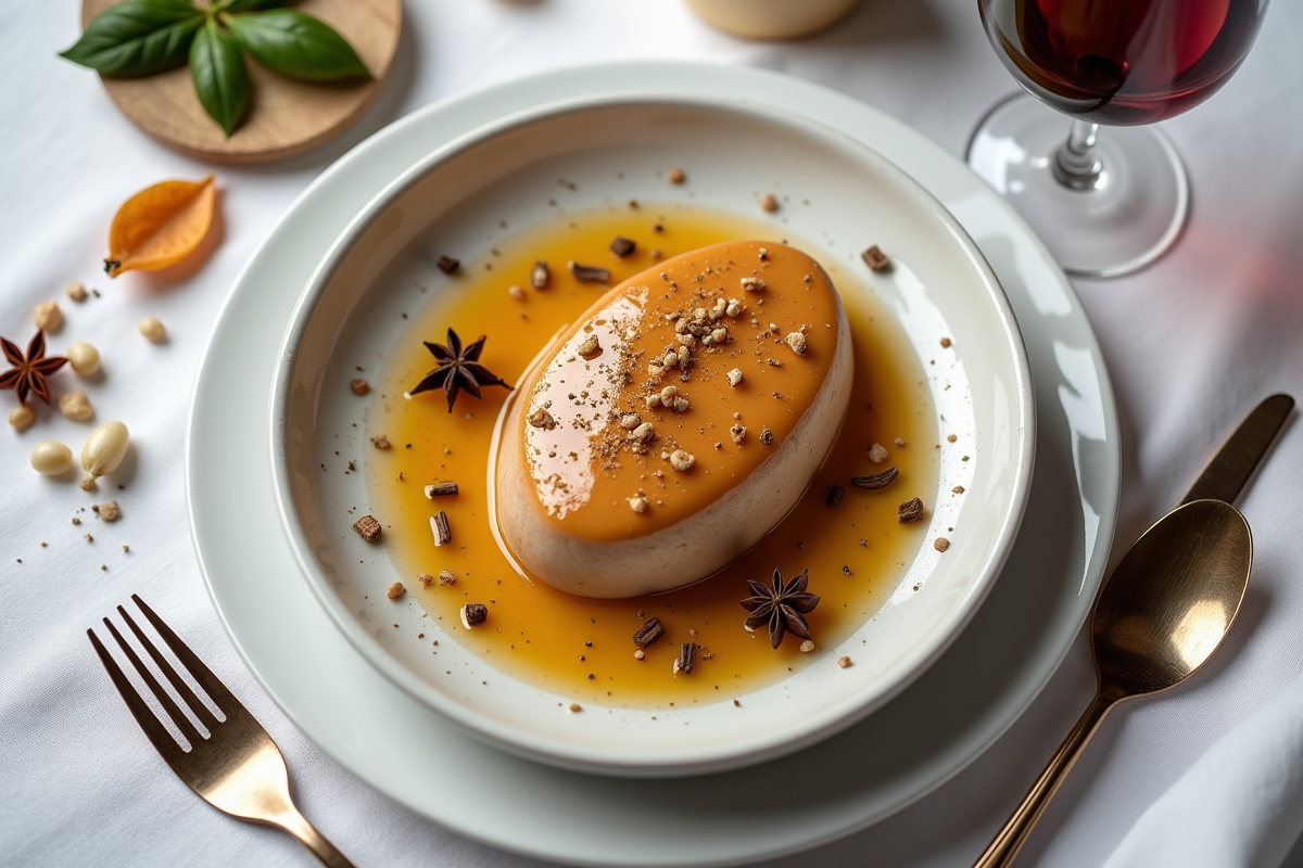 Foie gras avec vin et épices sur table blanche
