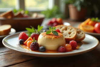 Foie gras élégant avec fruits frais et pain artisanal