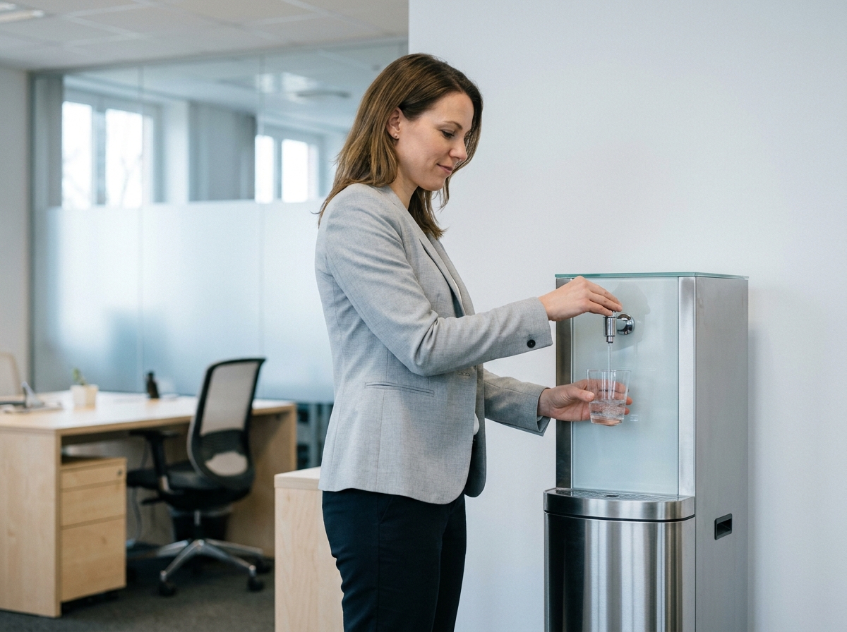 Femme en entreprise utilisant une fontaine à eau de bureau moderne dans un open space professionnel