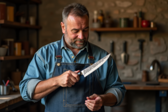 Forgeron avec couteau de chef brillant dans son atelier