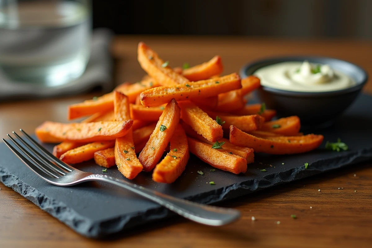 Assiette ardoise de frites de patate douce croustillantes au four servies avec une sauce aïoli à l'ail