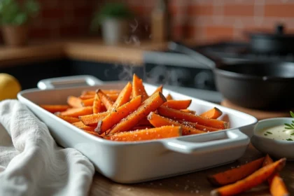 Frites de patate douce au four dorées sur une plaque en céramique blanche avec sauce aux herbes et serviette en lin