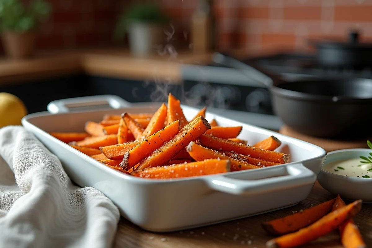 Frites de patate douce au four dorées sur une plaque en céramique blanche avec sauce aux herbes et serviette en lin